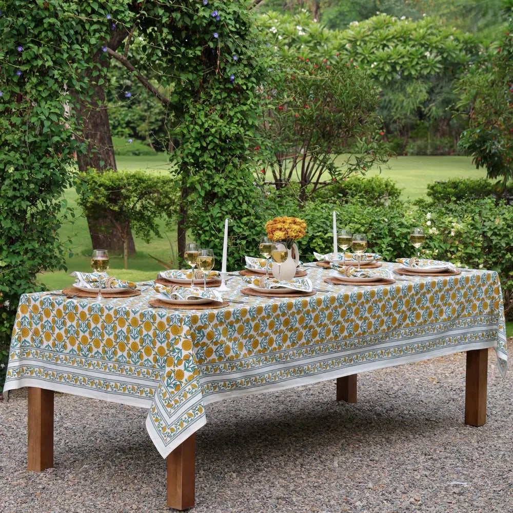 Marigold Dance Honey Gold/Ivy block print tablecloth hand printed in India