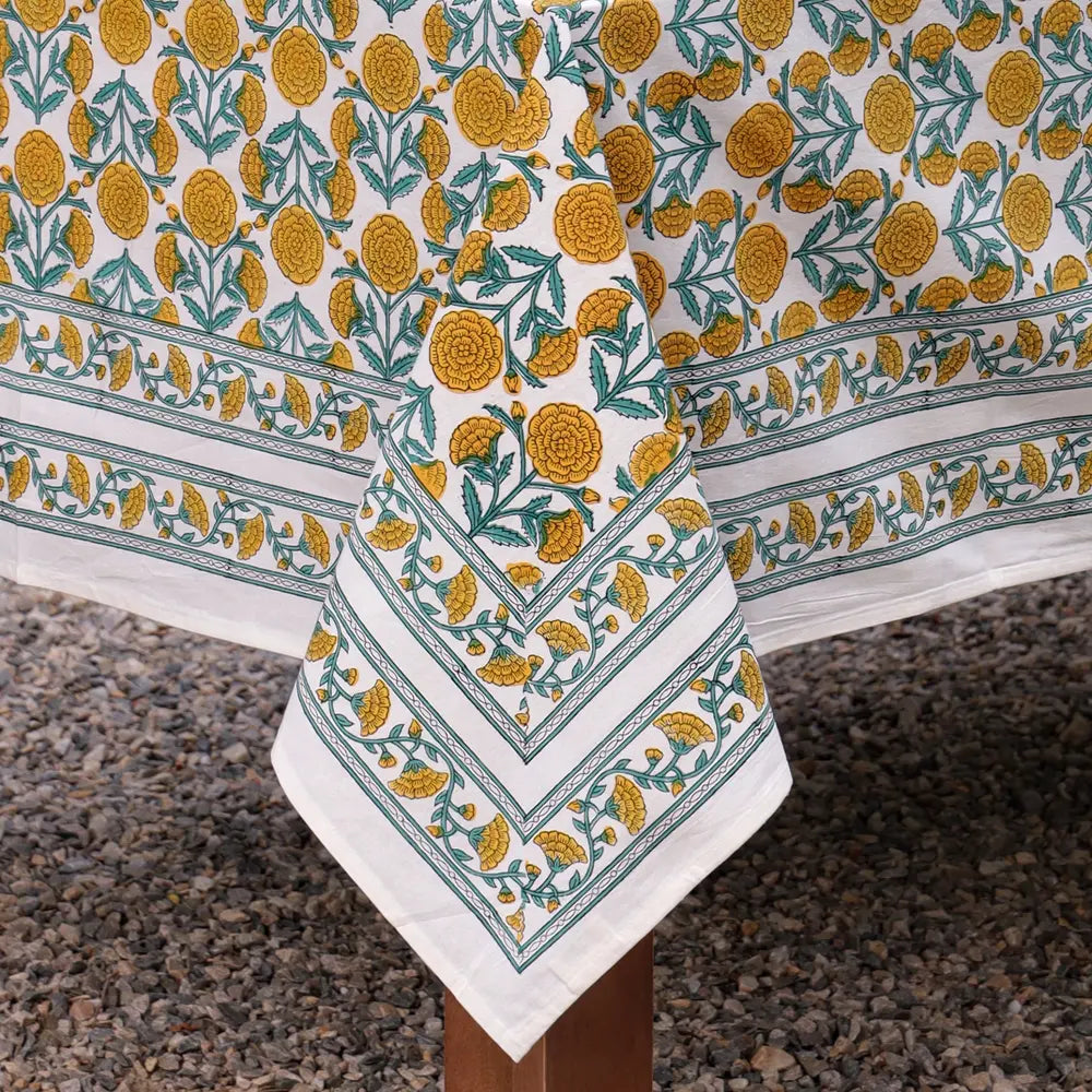 Marigold Dance Honey Gold/Ivy block print tablecloth hand printed in India