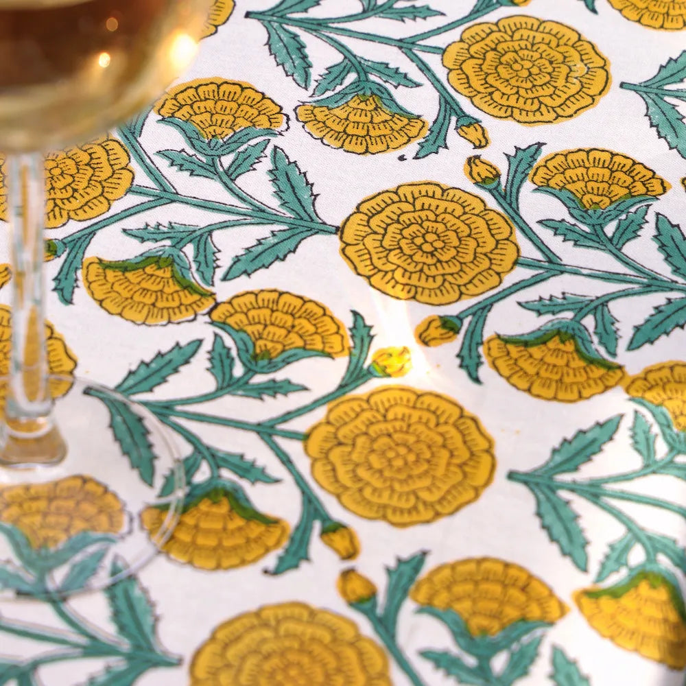Marigold Dance Honey Gold/Ivy block print tablecloth hand printed in India