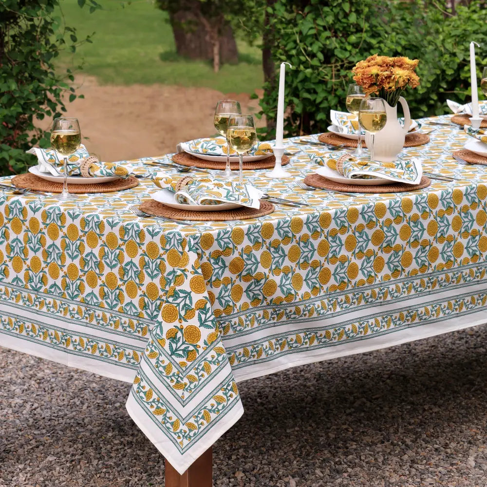 Marigold Dance Honey Gold/Ivy block print tablecloth hand printed in India
