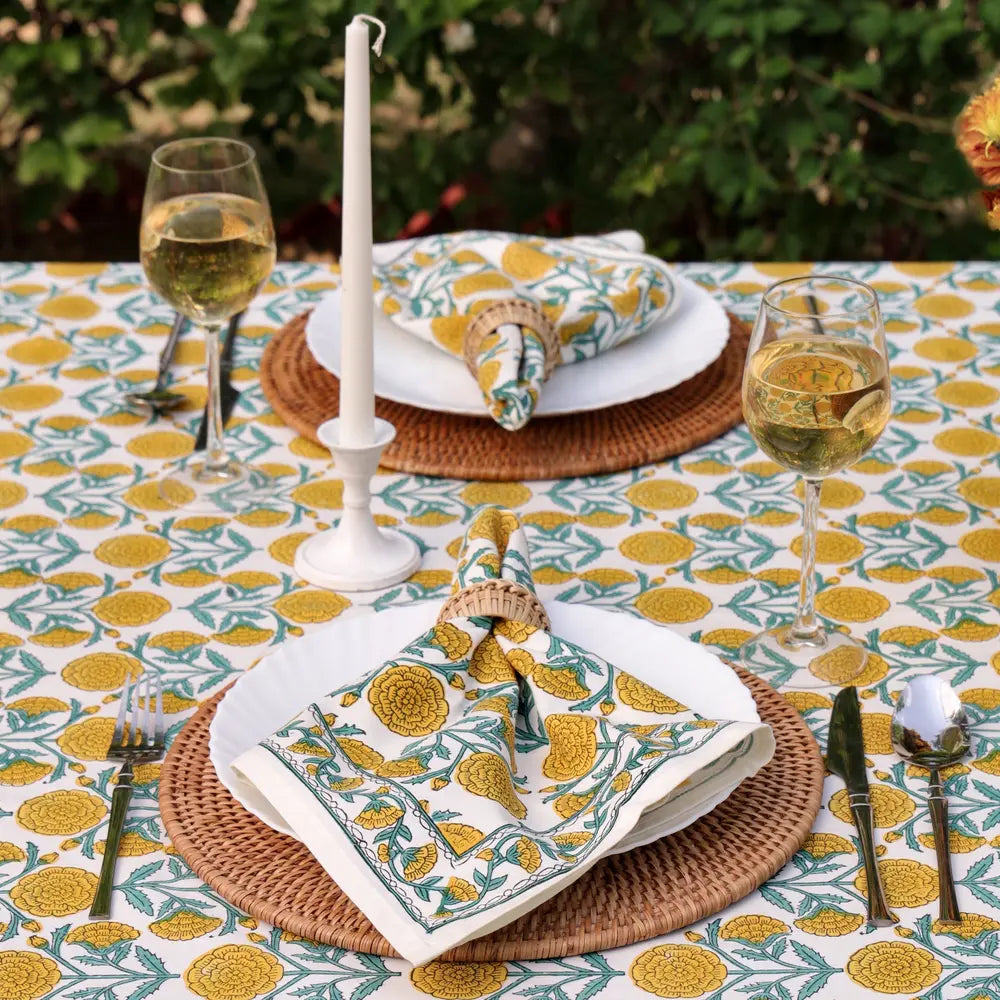 Marigold Dance Honey Gold/Ivy block print tablecloth hand printed in India
