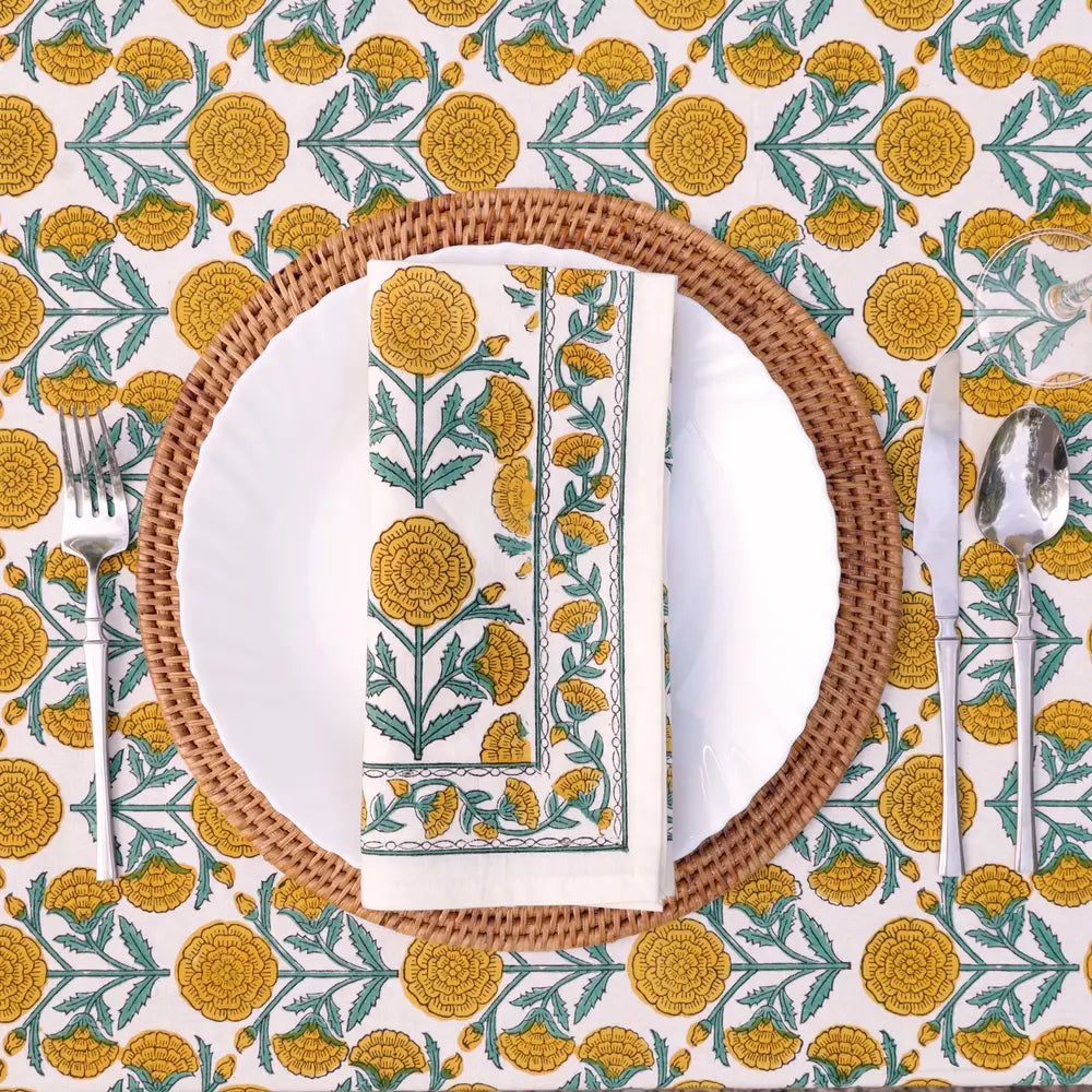 Marigold Dance Honey Gold/Ivy block print tablecloth hand printed in India