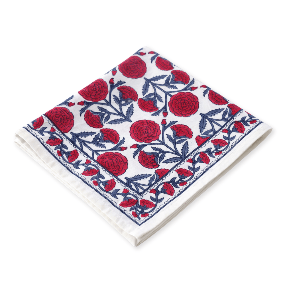 Marigold Dance Red/Indigo block print napkins set of 4 hand printed in India