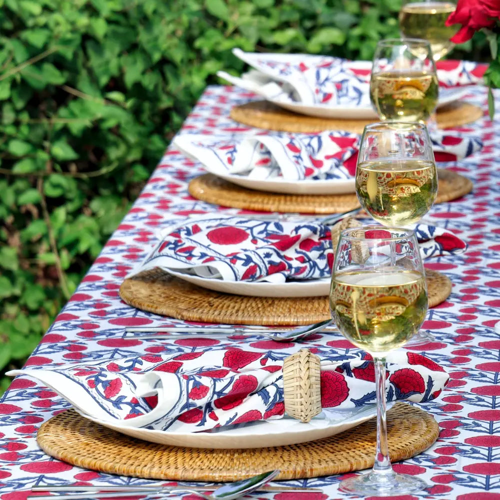 Marigold Dance Red/Indigo block print napkins set of 4 hand printed in India