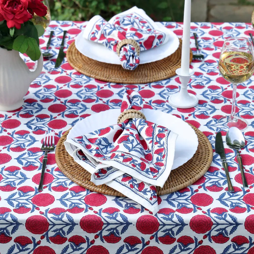 Marigold Dance Red/Indigo block print napkins set of 4 hand printed in India