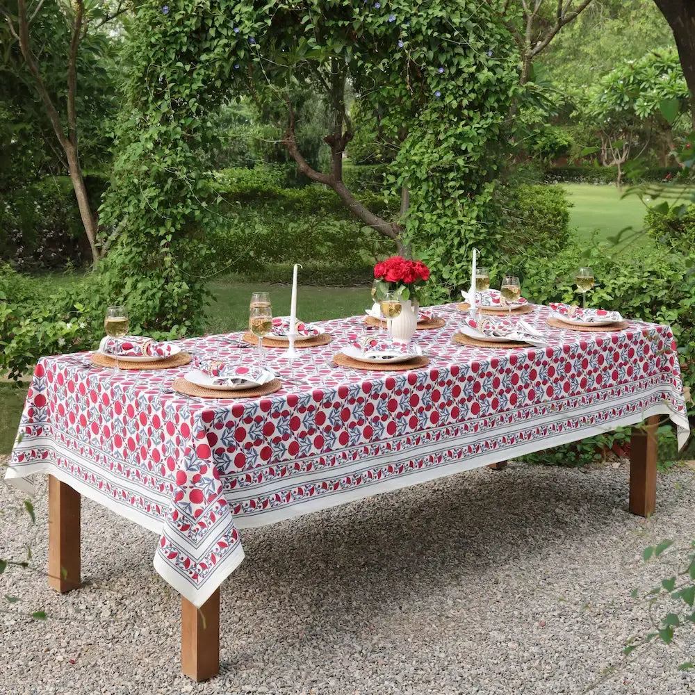 Marigold Dance Red/Indigo block print tablecloth hand printed in India