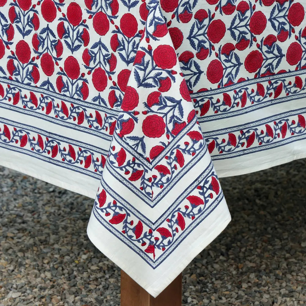 Close-up of Marigold Dance Red/Indigo block print tablecloth cotton border