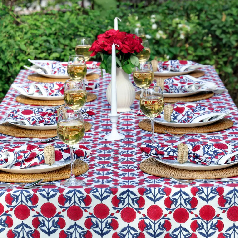 Marigold Dance Red/Indigo block print tablecloth hand printed in India