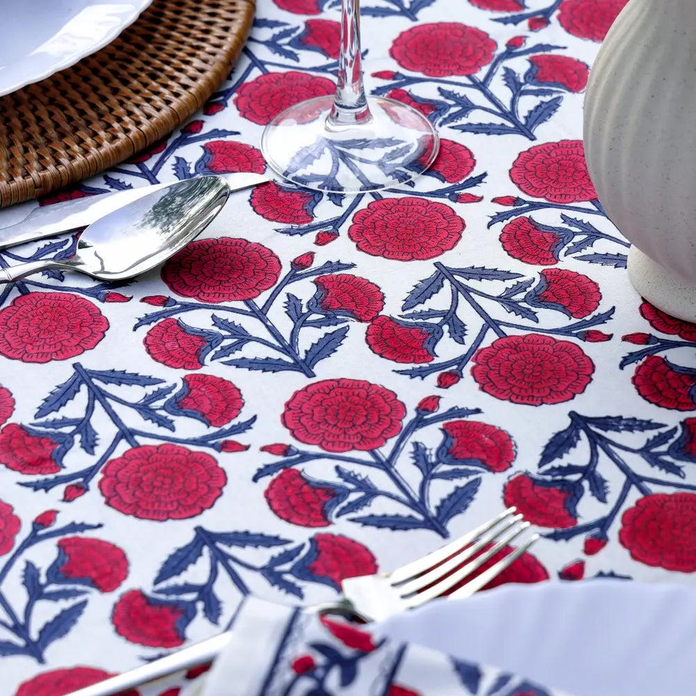 Marigold Dance Red/Indigo block print tablecloth hand printed in India