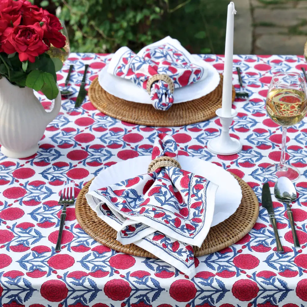 Marigold Dance Red/Indigo block print tablecloth hand printed in India