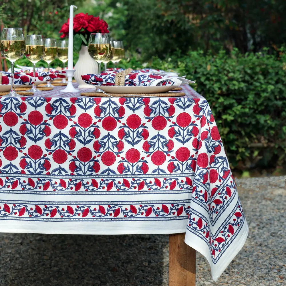 Marigold Dance Red/Indigo block print tablecloth hand printed in India