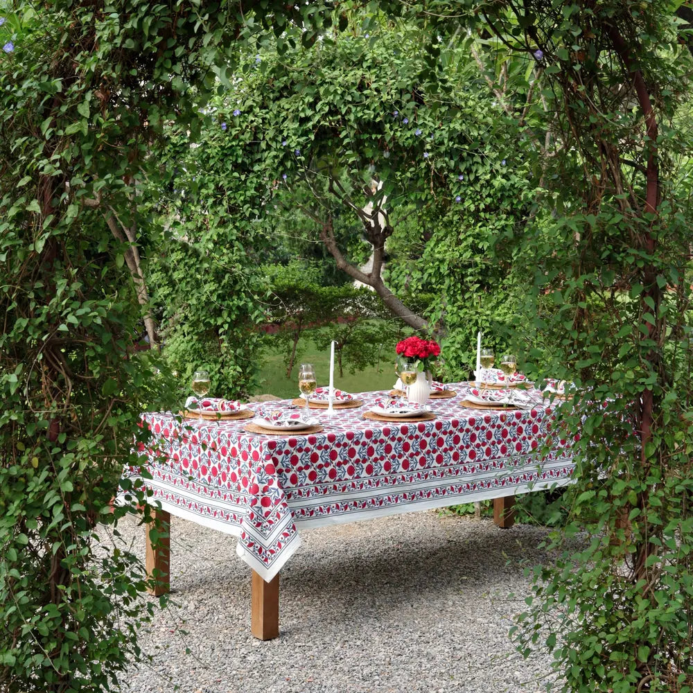 Marigold Dance Red/Indigo block print tablecloth hand printed in India