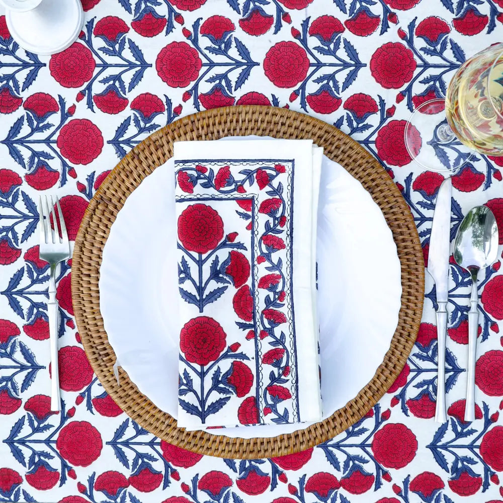 Marigold Dance Red/Indigo block print tablecloth hand printed in India