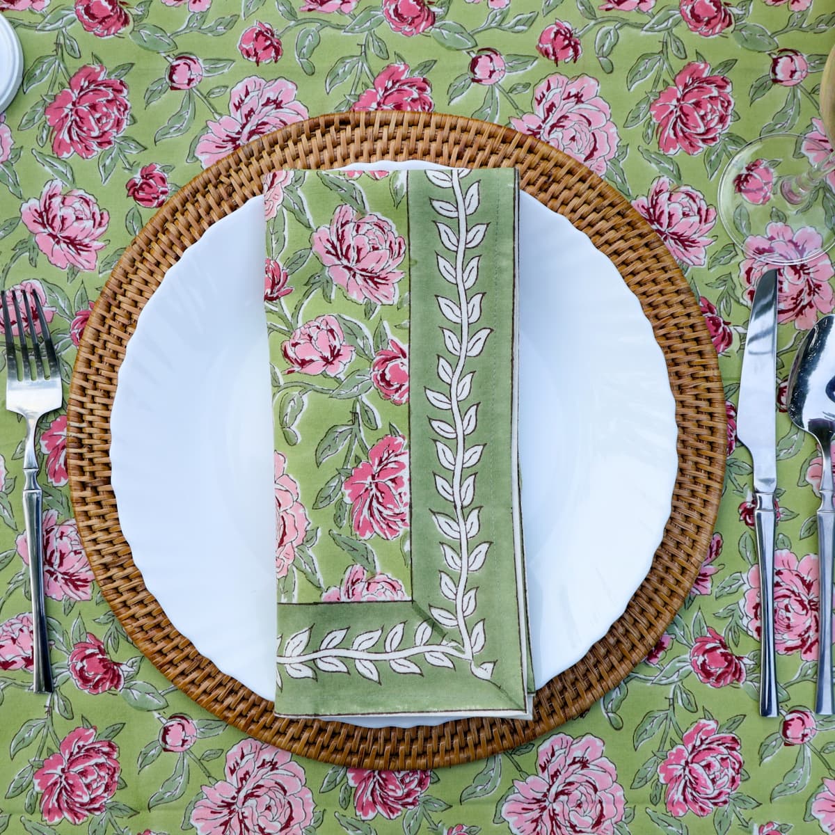 Peony Feast Green block print napkins set of 4 hand printed in India