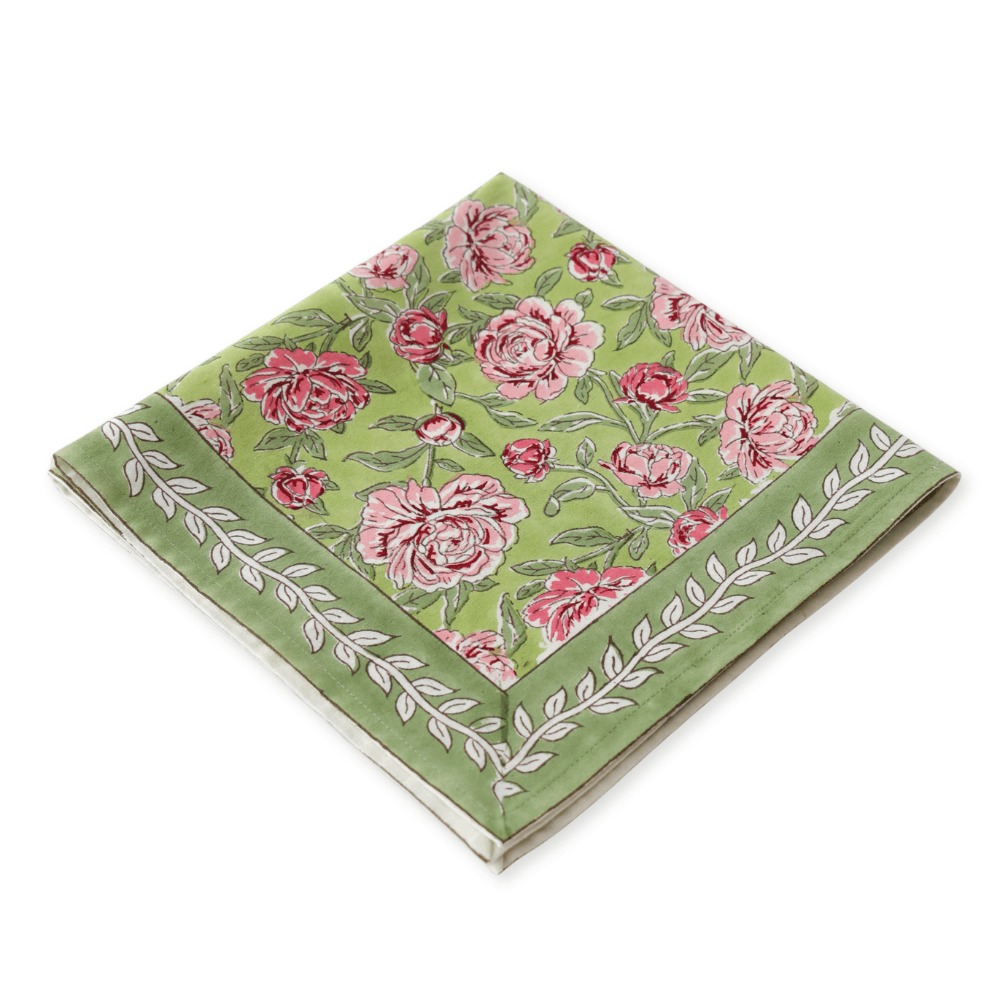 Peony Feast Green block print napkins set of 4 hand printed in India
