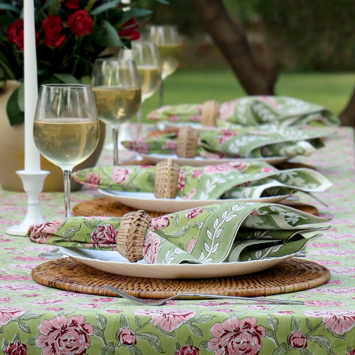 Peony Feast Green block print napkins set of 4 hand printed in India
