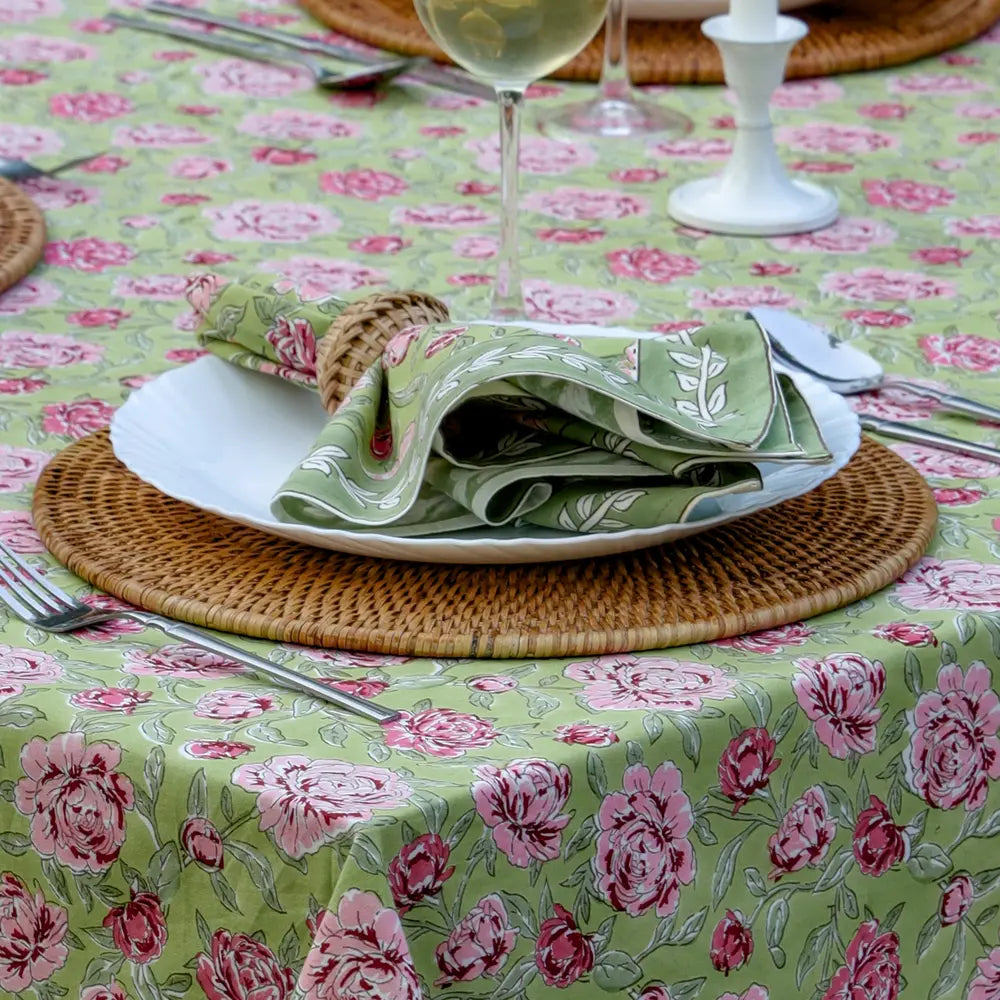 Peony Feast Green block print napkins set of 4 hand printed in India