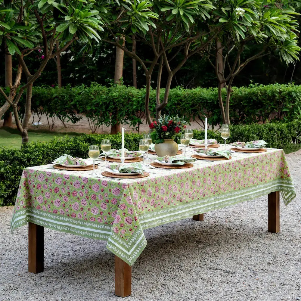 Peony Feast Green block print tablecloth hand printed in India