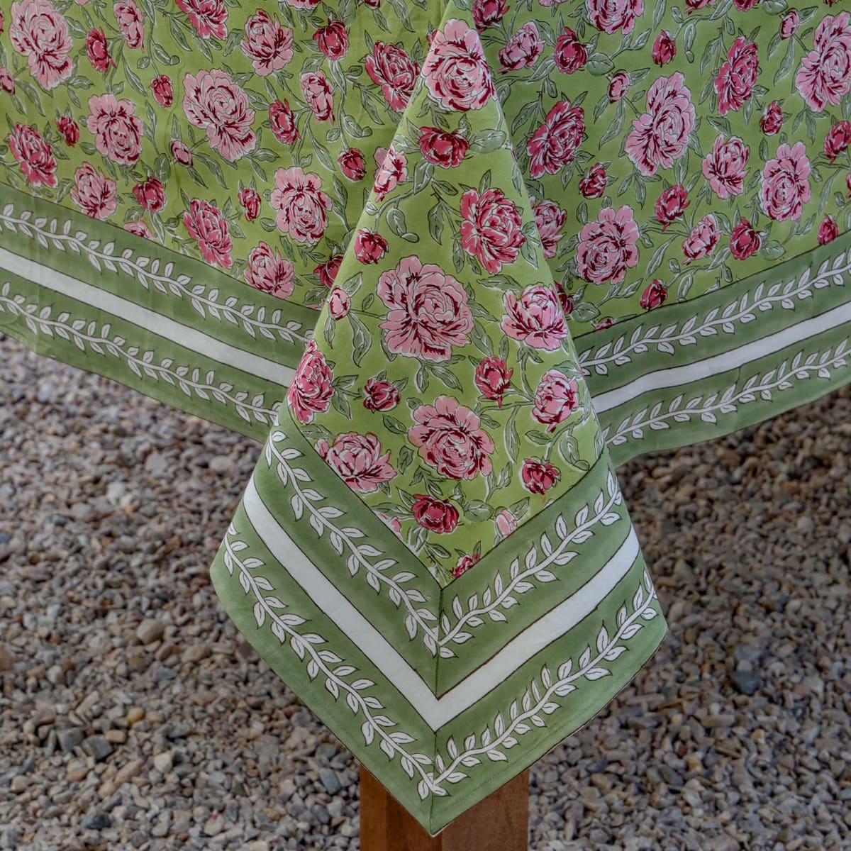 Peony Feast Green block print tablecloth hand printed in India