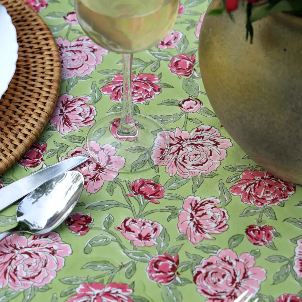 Peony Feast Green block print tablecloth hand printed in India