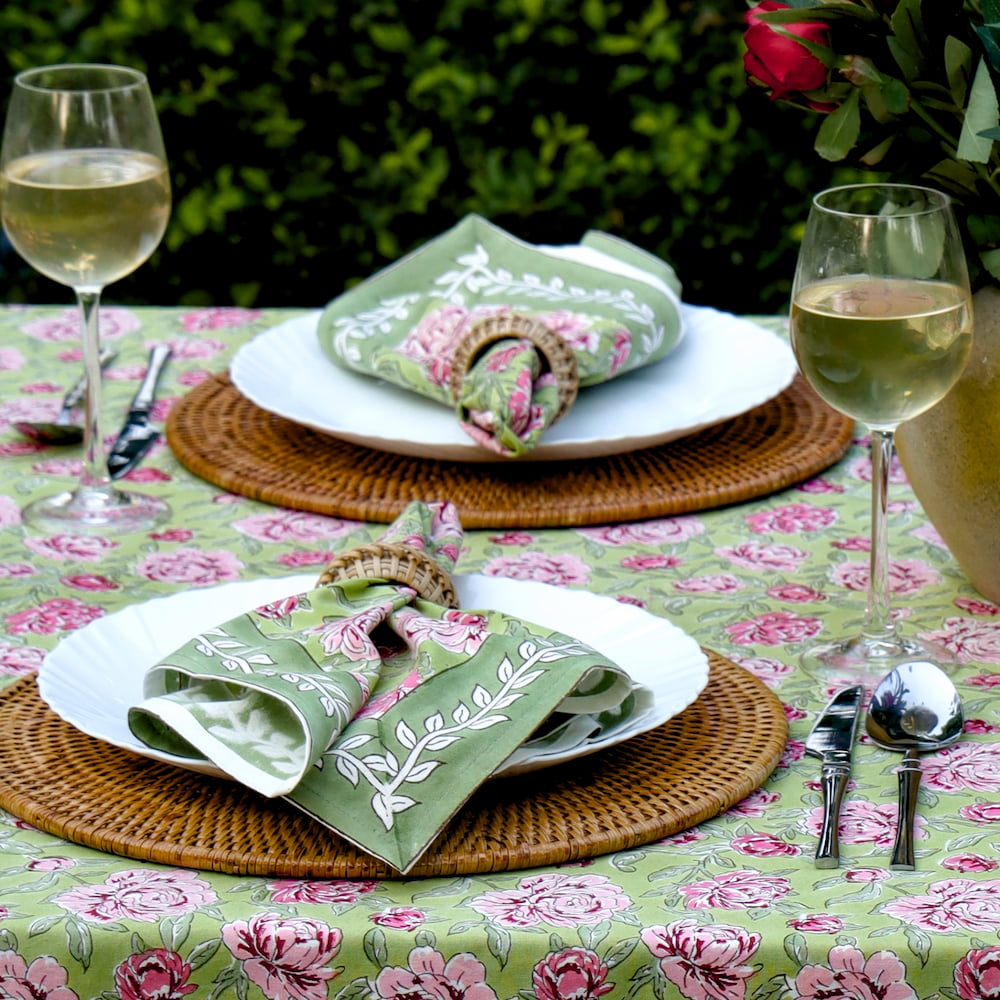 Peony Feast Green block print tablecloth hand printed in India