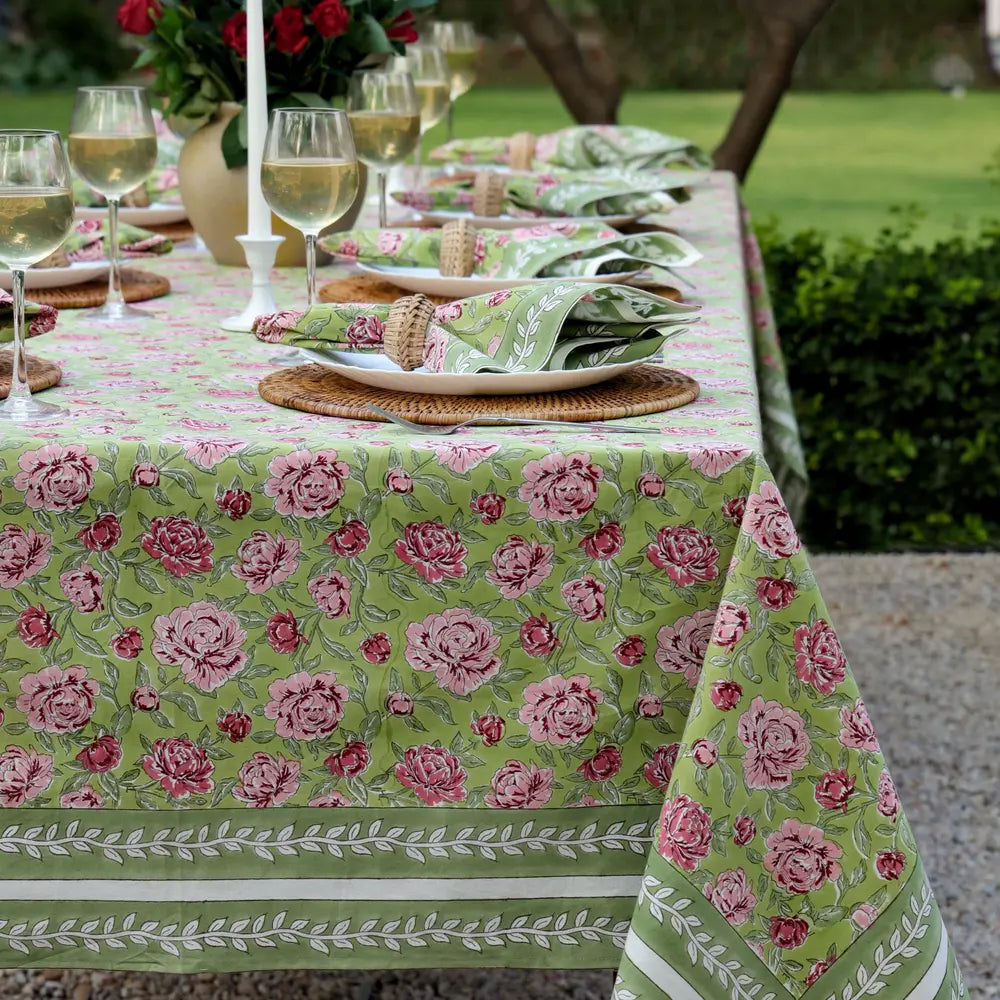Peony Feast Green block print tablecloth hand printed in India