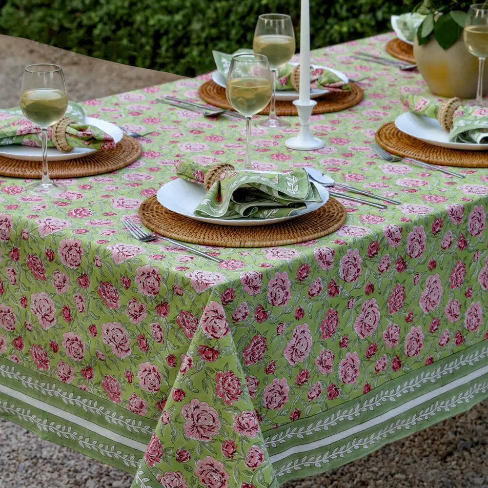Peony Feast Green block print tablecloth hand printed in India