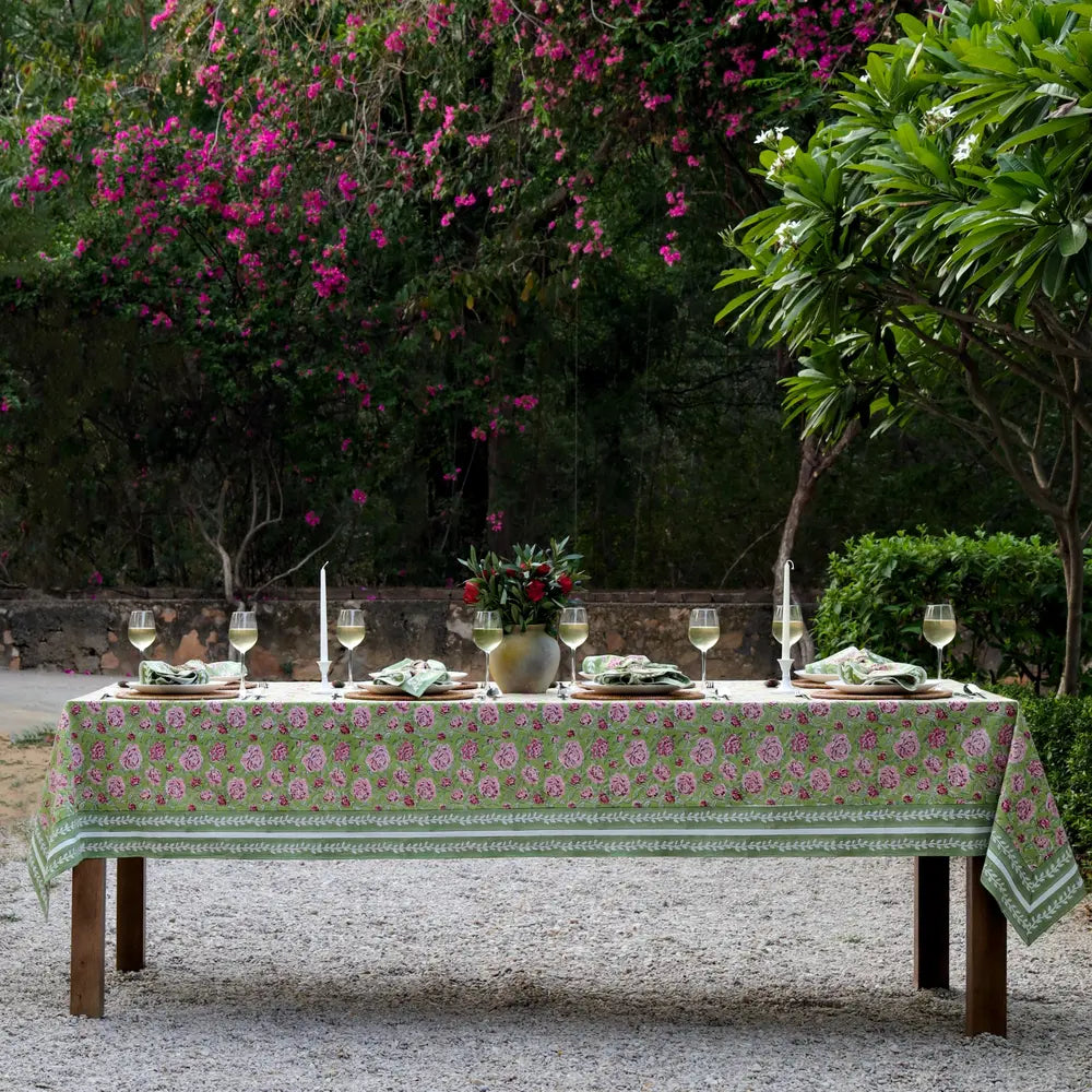 Peony Feast Green block print tablecloth hand printed in India