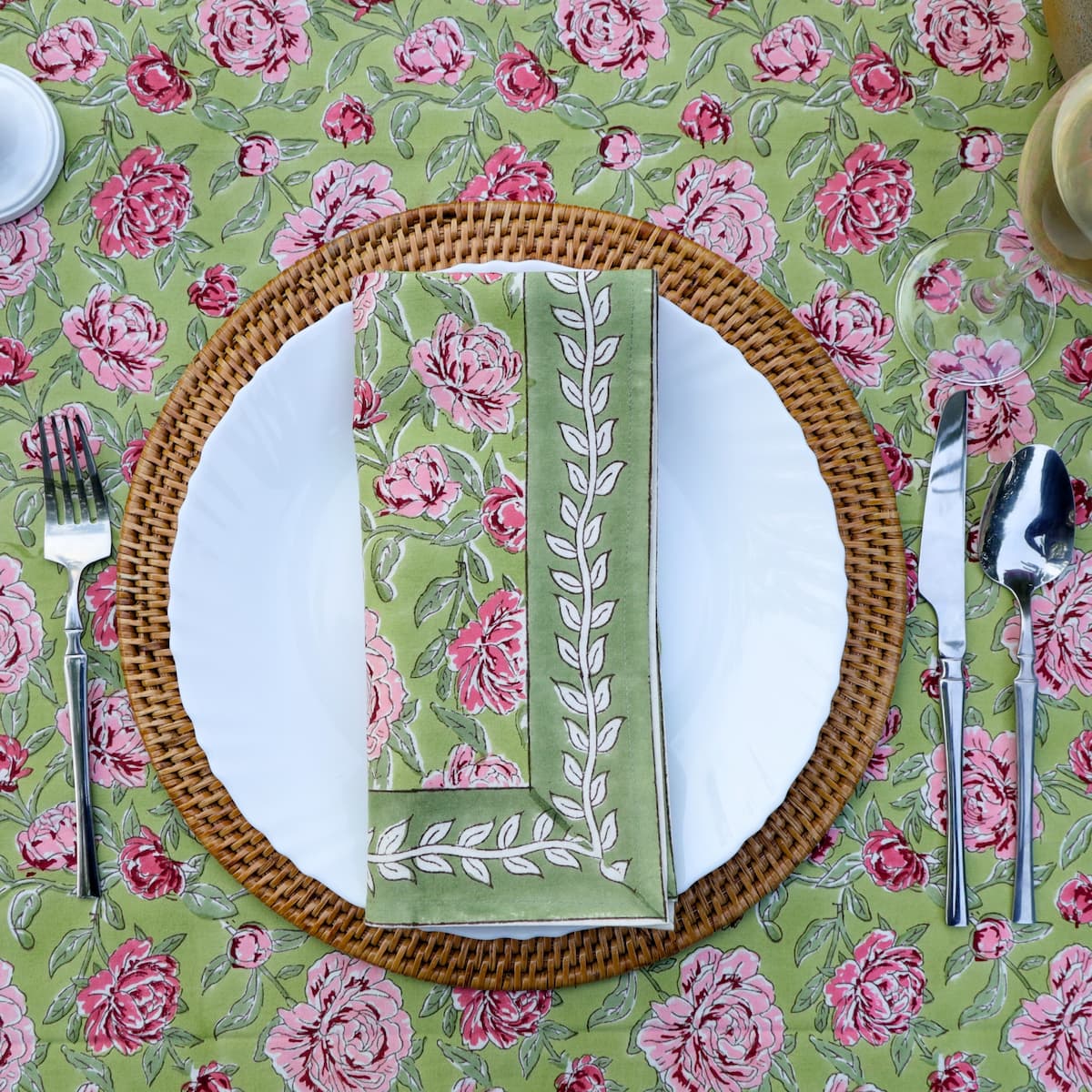 Peony Feast Green block print tablecloth hand printed in India