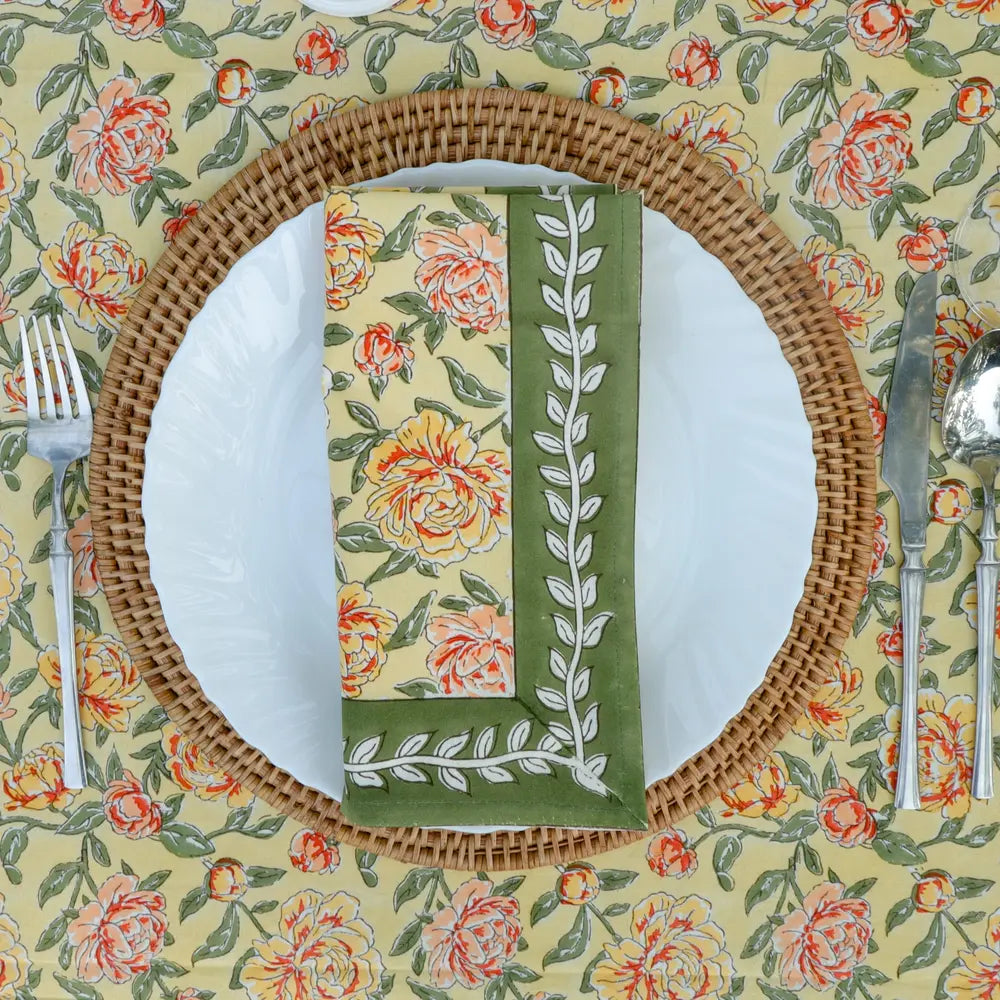 Peony Feast Yellow block print napkins set of 4 hand printed in India