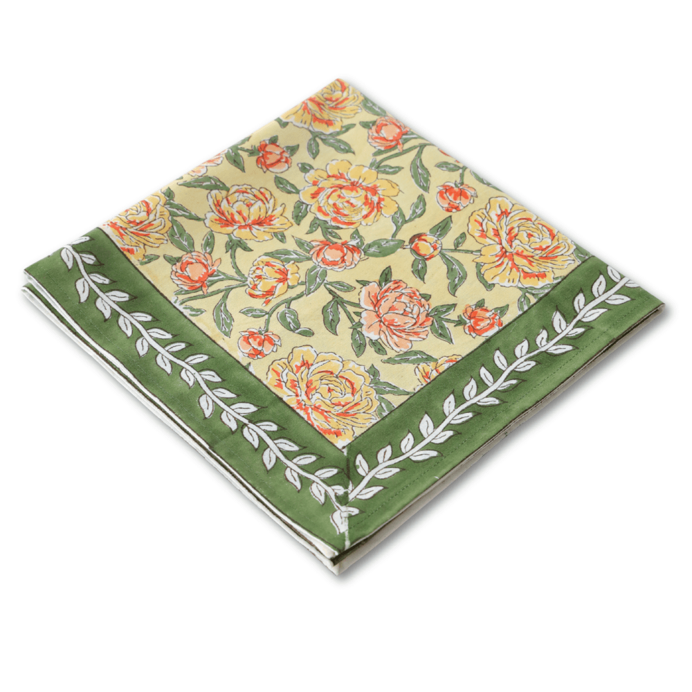 Peony Feast Yellow block print napkins set of 4 hand printed in India