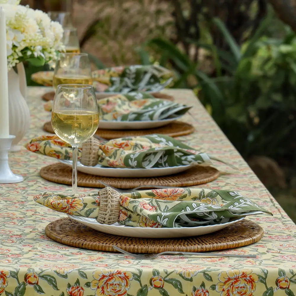 Peony Feast Yellow block print napkins set of 4 hand printed in India