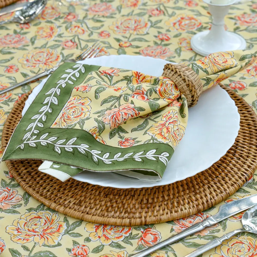 Peony Feast Yellow block print napkins set of 4 hand printed in India