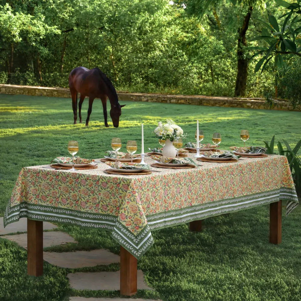 Peony Feast Yellow block print tablecloth hand printed in India