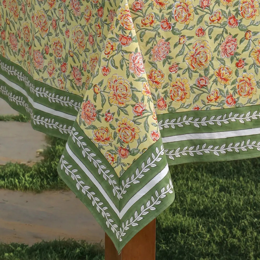 Close-up of Peony Feast Yellow block print tablecloth cotton border
