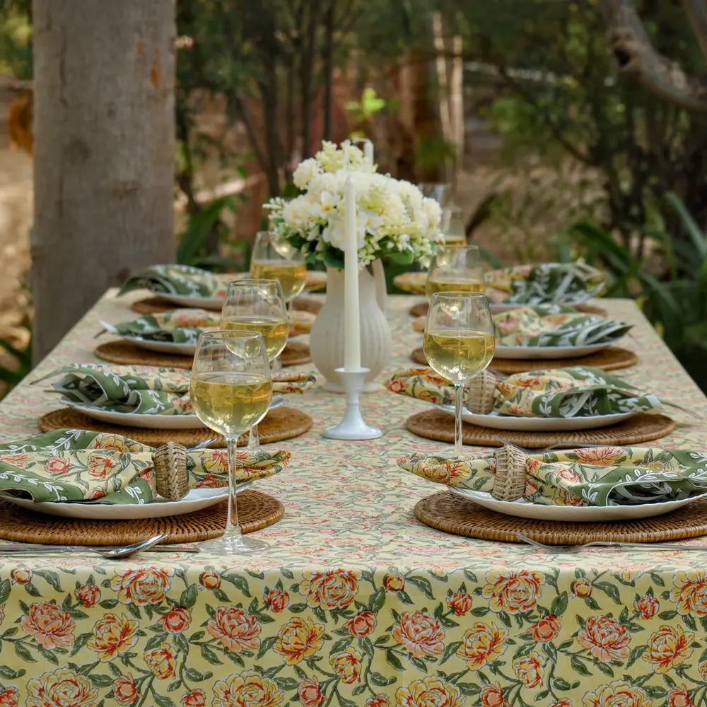 Peony Feast Yellow block print tablecloth hand printed in India
