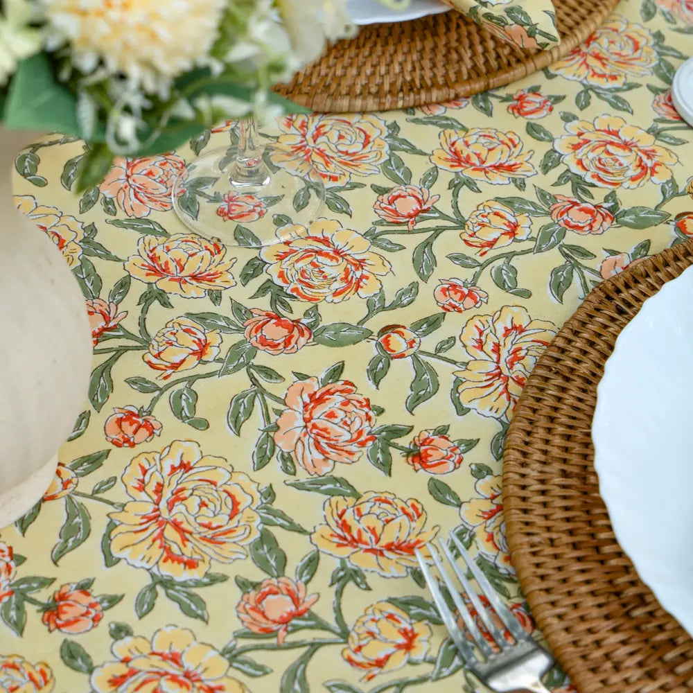 Peony Feast Yellow block print tablecloth hand printed in India