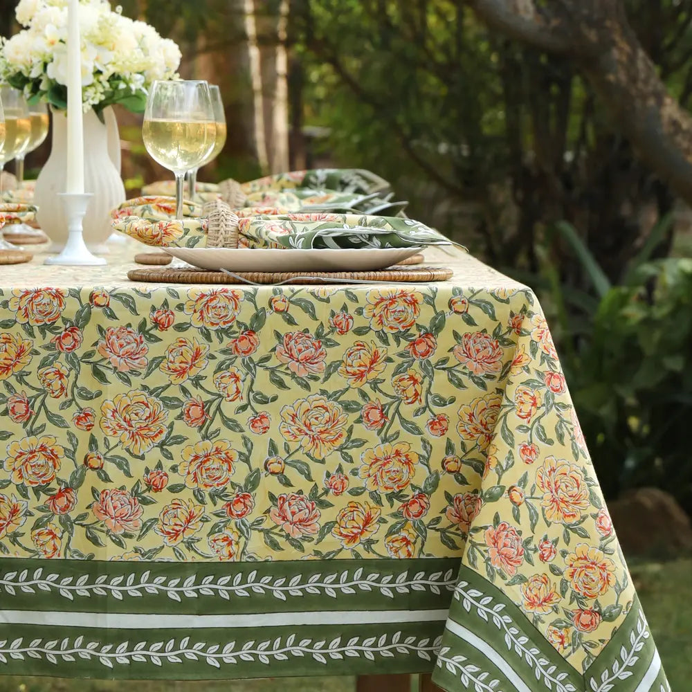 Peony Feast Yellow block print tablecloth hand printed in India