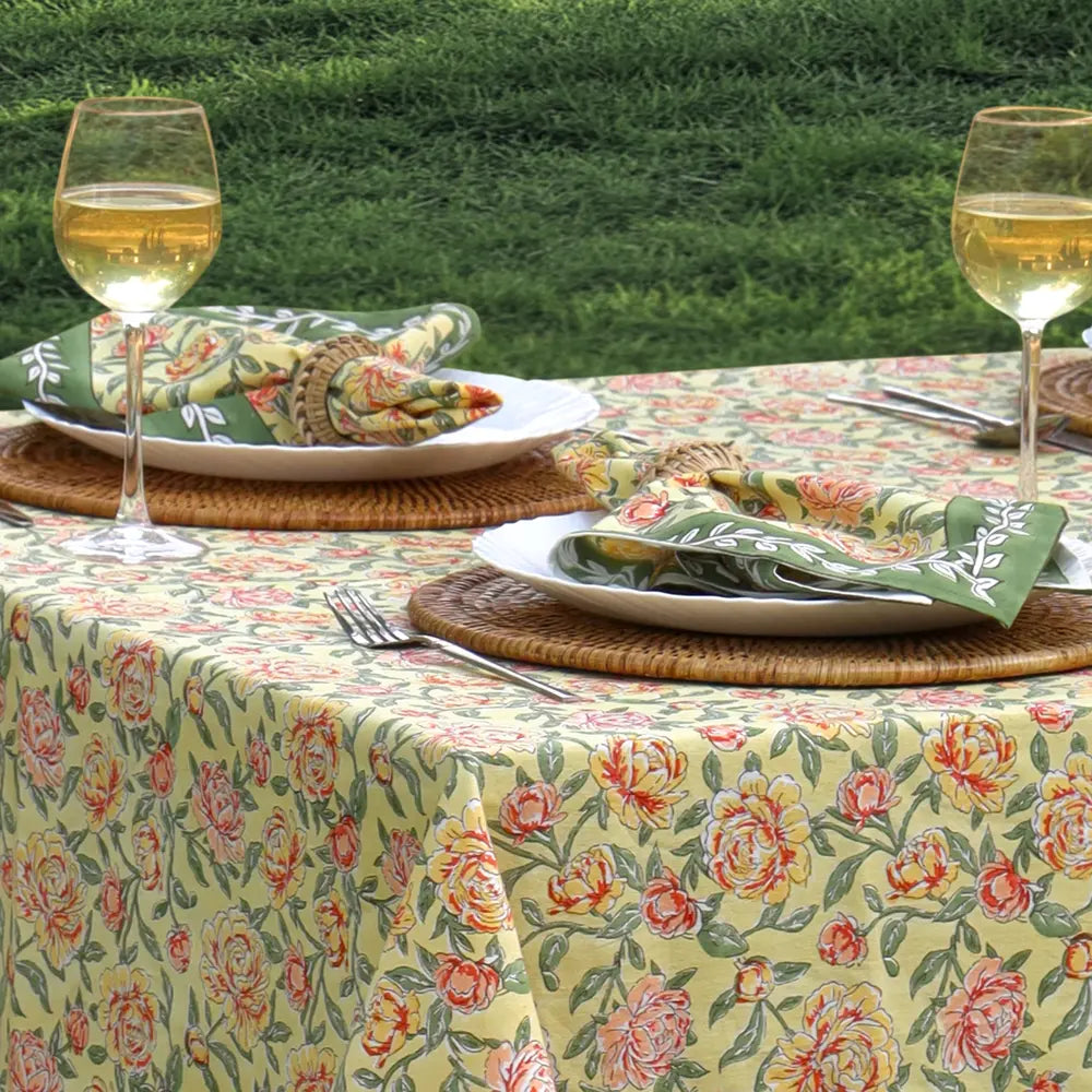 Peony Feast Yellow block print tablecloth hand printed in India