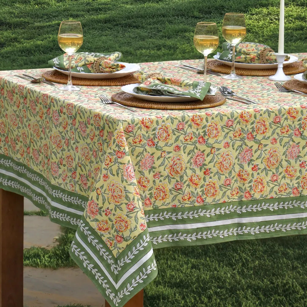 Peony Feast Yellow block print tablecloth hand printed in India