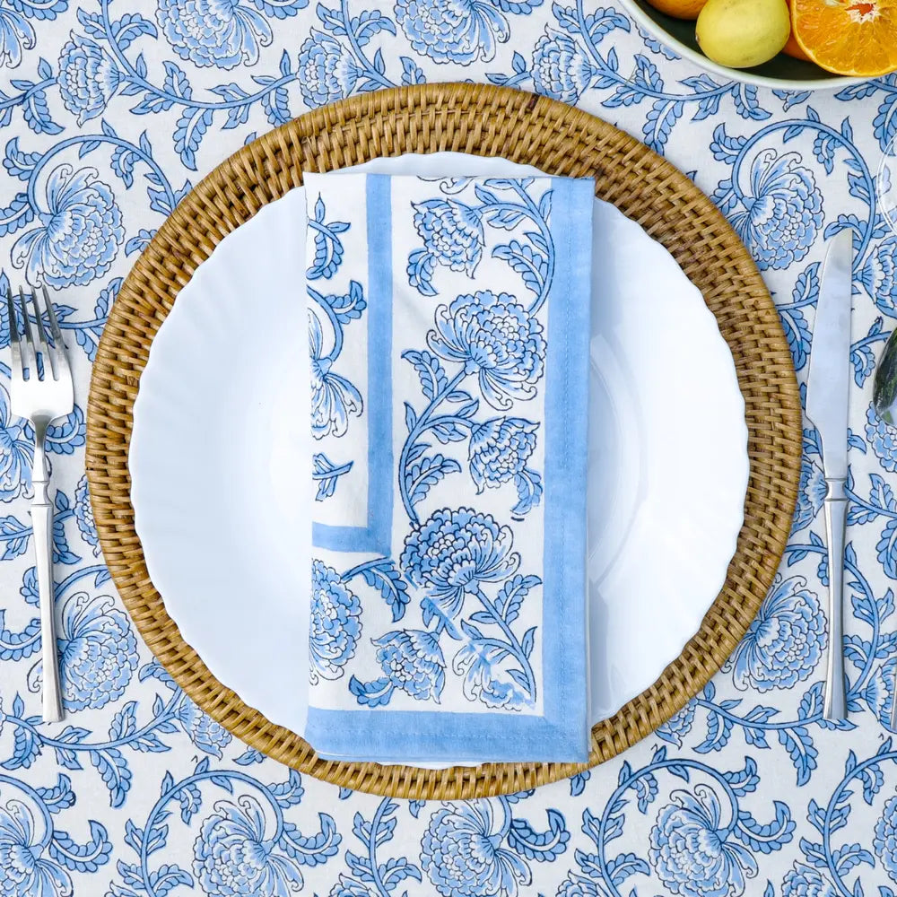 Provence Vine Cornflower Blue block print napkins set of 4 hand printed in India