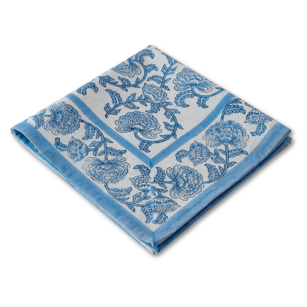 Provence Vine Cornflower Blue block print napkins set of 4 hand printed in India