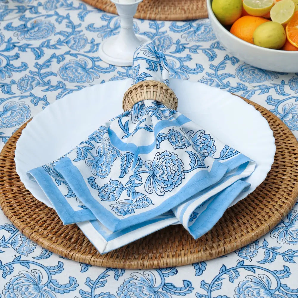 Provence Vine Cornflower Blue block print napkins set of 4 hand printed in India