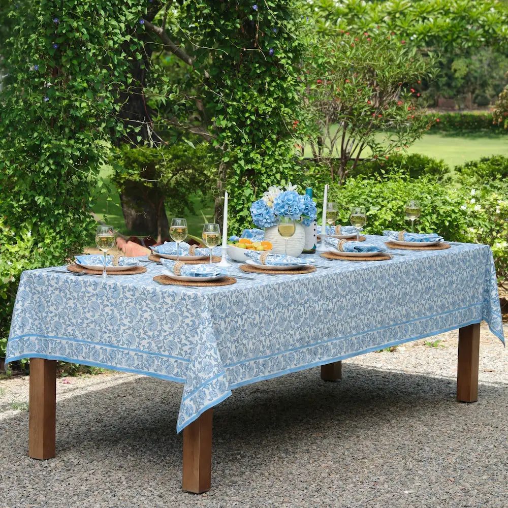 Provence Vine Cornflower Blue block print tablecloth hand printed in India