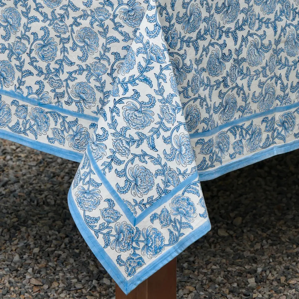 Provence Vine Cornflower Blue block print tablecloth hand printed in India