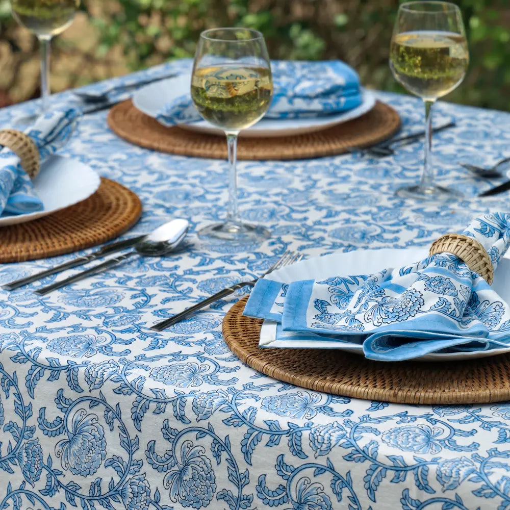 Provence Vine Cornflower Blue block print tablecloth hand printed in India