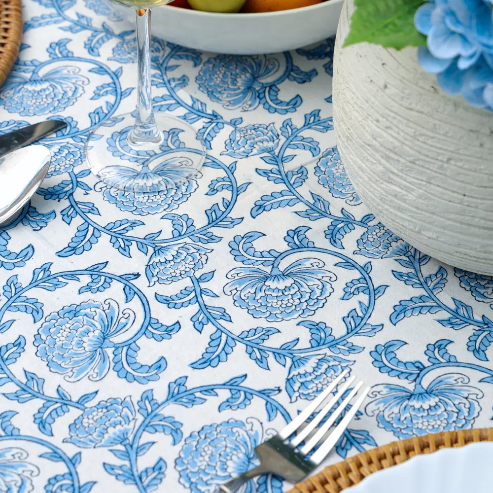 Provence Vine Cornflower Blue block print tablecloth hand printed in India