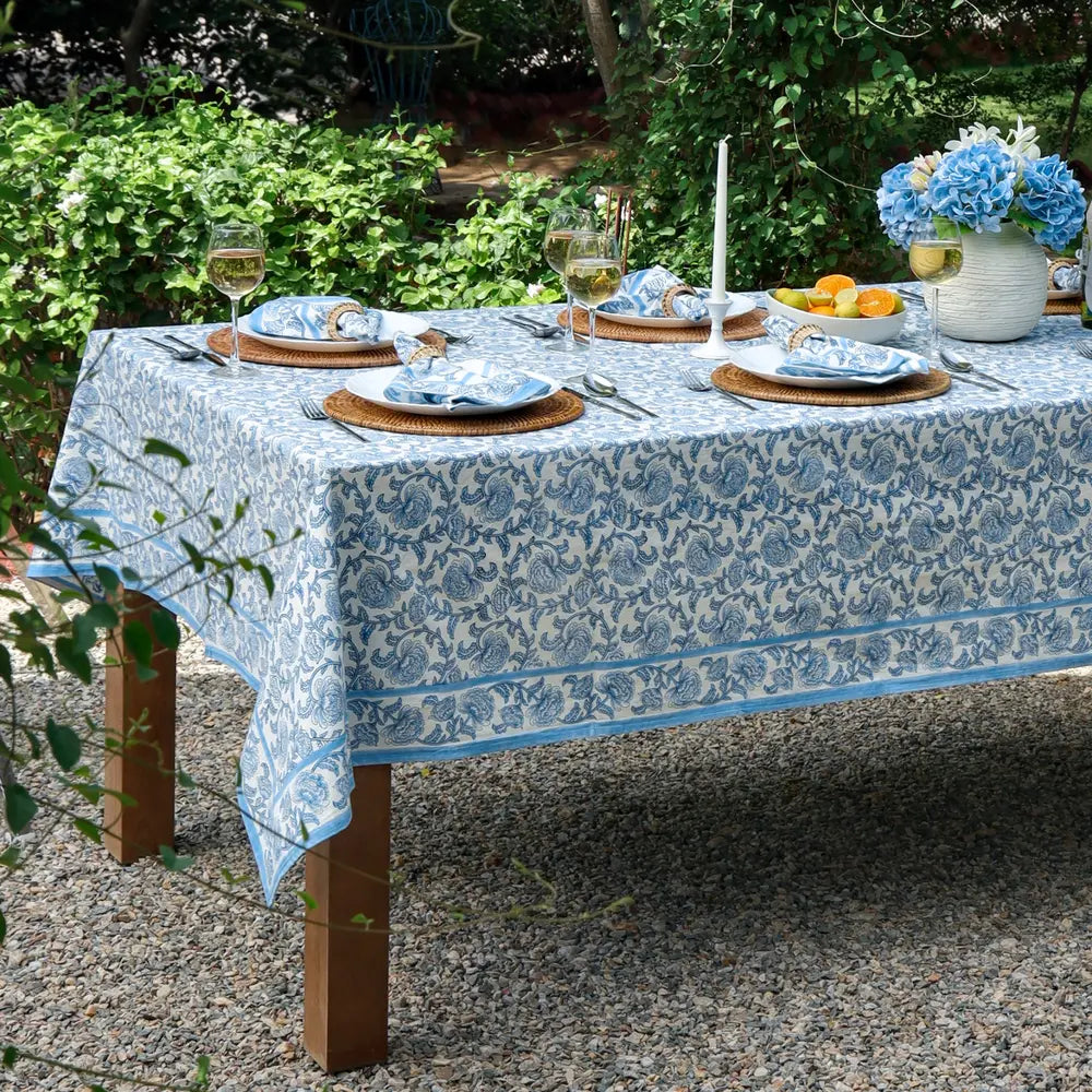 Provence Vine Cornflower Blue block print tablecloth hand printed in India