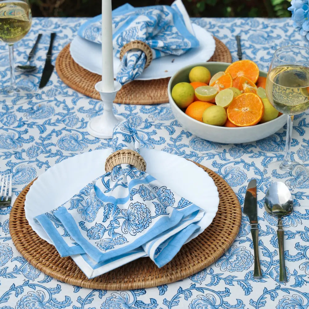 Provence Vine Cornflower Blue block print tablecloth hand printed in India