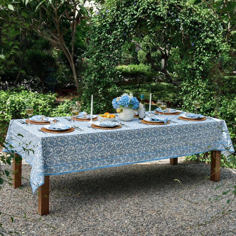 Provence Vine Cornflower Blue block print tablecloth hand printed in India